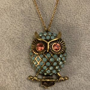 Betsey Johnson Blue (Lt Turquoise) and Pink Owl Pendant Necklace